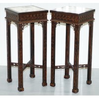 PAIR OF THOMAS CHIPPENDALE CHINESE STYLE MARBLE & CARVED WOOD JARDINIERE STANDS   173469860808